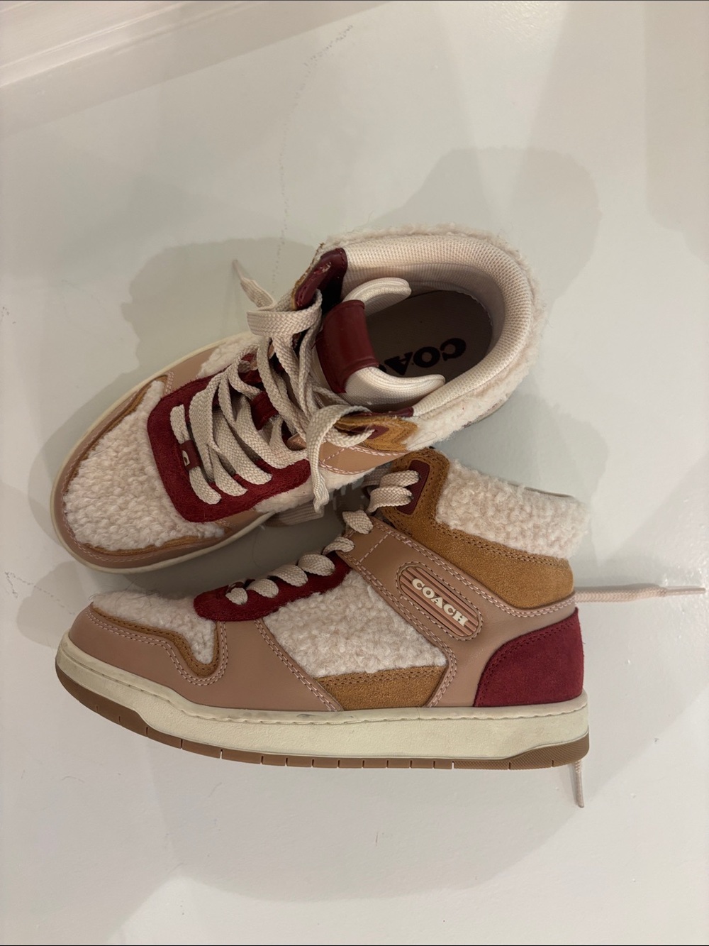 Coach High-Top Sherpa Sneakers in Beige, Tan & Burgundy
